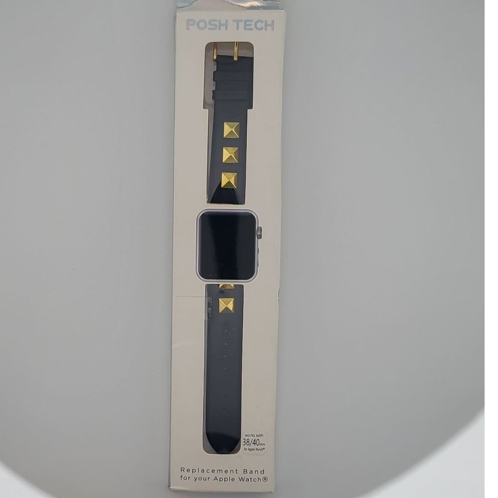 Posh Tech Black Leather Studded Apple Watch Band 38/40mm Gold Pyramid Studs NEW